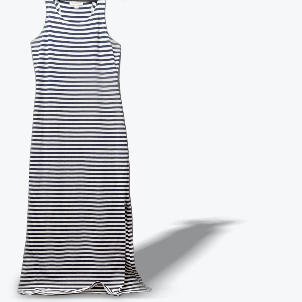 Sail To Sable Maxi Dress‎ Navy White Striped Tank XS Side Slit Nautical Beach